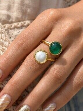 Turkish Artisan 18K Gold Plated Emerald Green Glass Pearl Adjustable Ring Boho